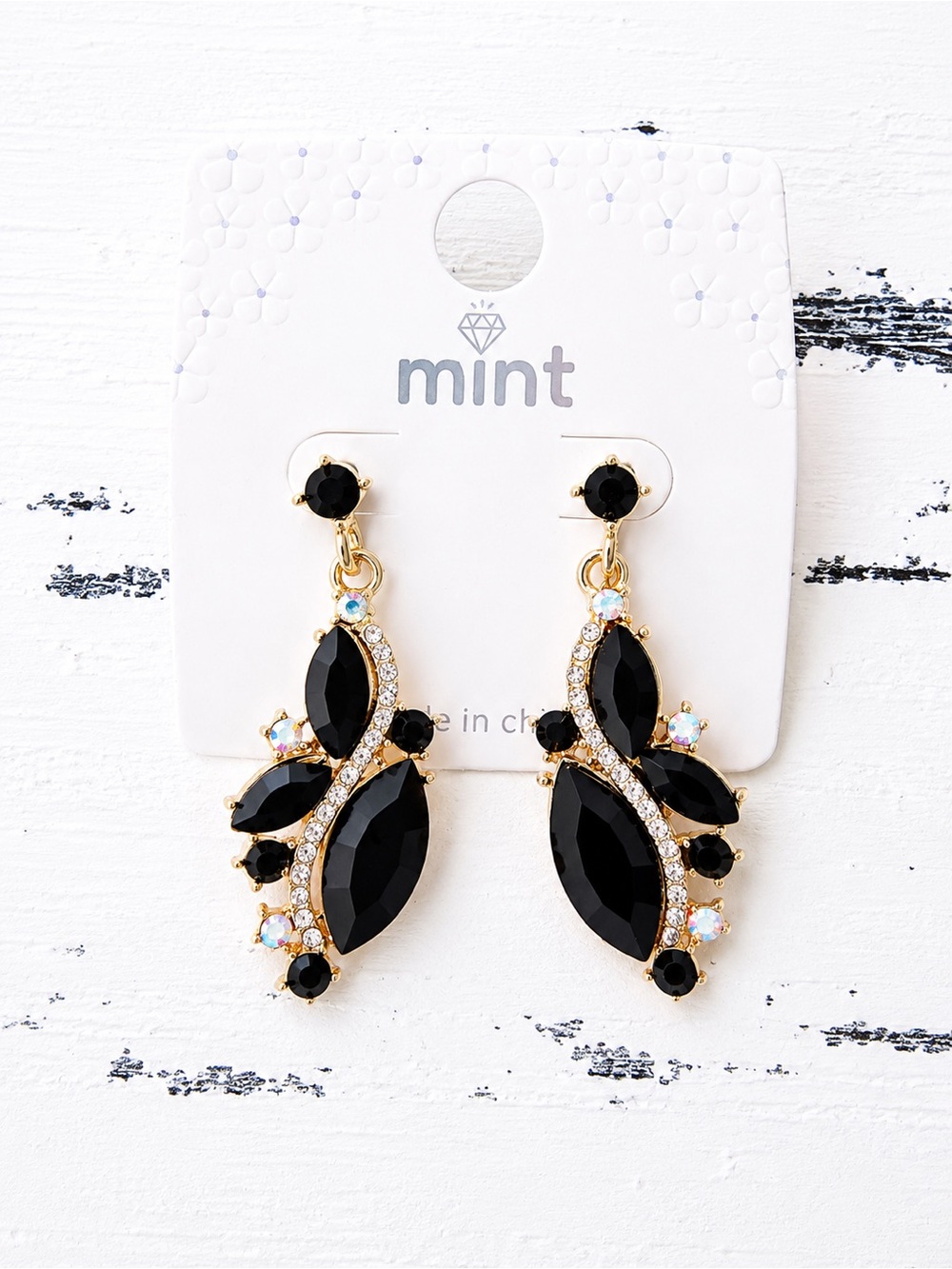 mint Black Crystal Leaf Drop Earrings with Gold-tone Setting